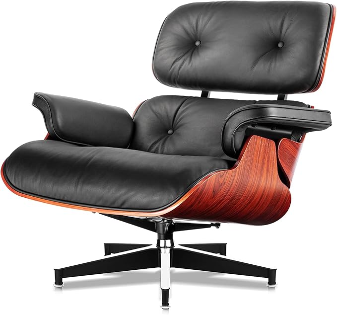 Top Black Grain Leather, Mid Century Chaise Lounge Chair and Ottoman, Modern Chair Classic Design, Red Rosewood, Heavy Duty Base Support for Living Room Office