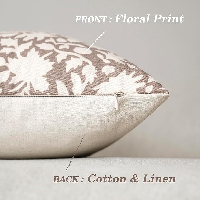 Foindtower Set of 2 Decorative Neutral Floral Throw Pillow Covers Accent Farmhouse Cushion Covers Boho Vintage Pillowcase for Couch Sofa Bedroom Living Room Home Decor,24×24 Inch,Tan