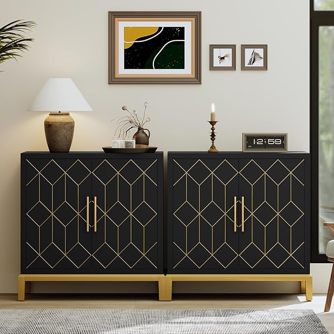 HLR Accent Cabinet with Gold Trim Set of 2,Storage Cabinet with 2 Doors,Modern Wooden Sideboard for Living Room, Kitchen, Office and Hallway(Black)
