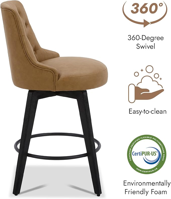 Watson & Whitely Modern Swivel Bar Stools, Faux Leather Upholstered Counter Height Bar Stools with Back, Solid Wood Legs, 26" H Seat, Set of 2, Cognac