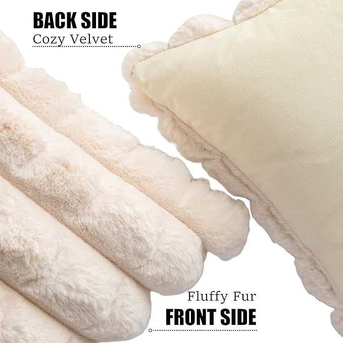 Neelvin Beige Faux Fur Cozy Soft Plaid Decorative Throw Pillow Covers 26x26 inch Set of 2,Velvet Pillowcase Cushion Case for Sofa Couch