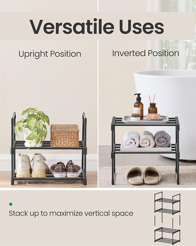 SONGMICS Shoe Rack, 2-Tier Shoe Organizer, Metal Storage Shelf, Upright or Upside Down, for 3-6 Pairs, Stackable, for Entryway, 11.8 x 16.7 x 14.8 Inches, Black ULSA002B01