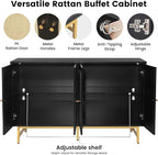 Sideboard Buffets Cabinet with 4 Rattan Doors, Large Storage Accent Cabinet Credenzas Modern Console Table for Living Room, Kitchen (Black)
