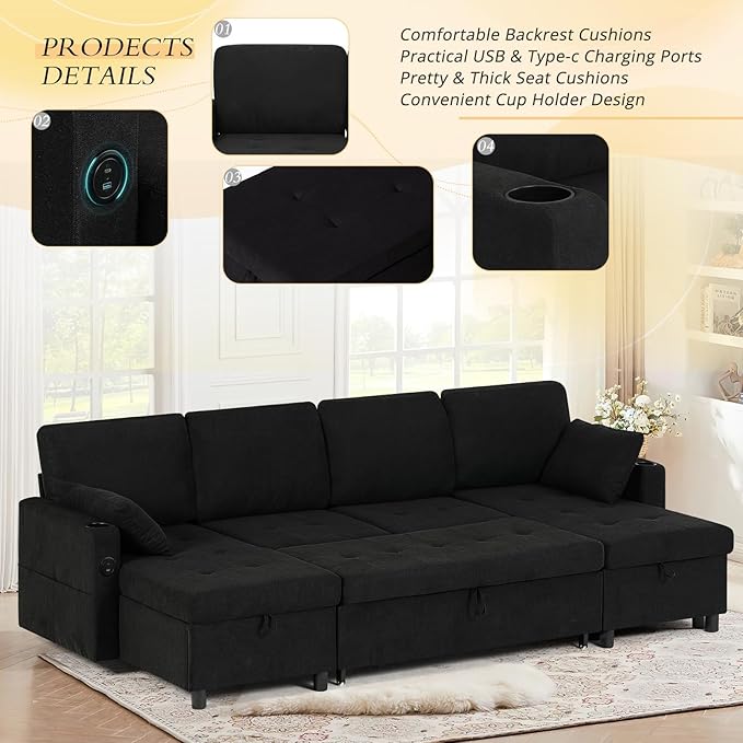 110" Fabric Pull-Out Couch Bed w/Adjustable Backrests, Sectional Sleeper Sofa w/USB Ports & 2 Cup Holders, Upholstered U-Shaped Couch w/Storage Chaise for Living Room, House, Black
