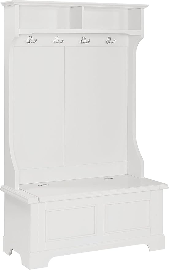 Crosley Furniture Campbell Hall Tree with Storage Bench and Coat Rack Hooks for Hanging, White