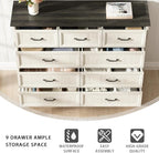 CARPETNAL Farmhouse 9 Drawer Dresser for Bedroom, 55 Inch Wide Modern White Dresser TV Stand with Large Drawers & Bar Handles, Rustic Wood Chest of Drawers for Bedroom, Living Room, Hallway, Entryway.