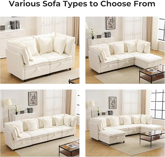 103" Modular Sectional Sofa, L-Shaped Corduroy Comfy Sectional Couches for Living Room, 3-Seater Cloud Couches with 1 Ottoman, Modern Deep Seat Sofa with Large Storage, Beige