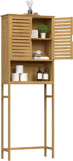 MUPATER 67" H Bathroom Over The Toilet Storage Cabinet with Doors and Shelves, Bamboo Over Toilet Organizer, Freestanding Tall Space Saver Toilet Rack, Natural Wood