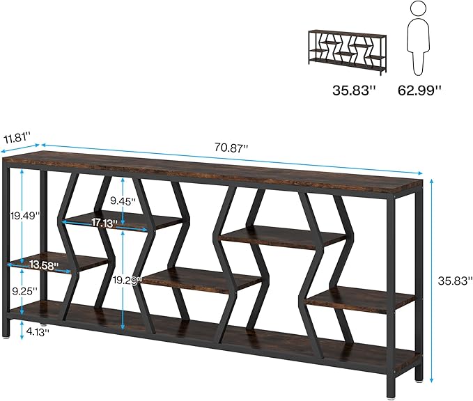 Tribesigns 70.9 Inches Sofa Console Table with 4 Tier Wood Storage Shelves, Industrial Extra Long Narrow Entryway Accent Tables for Hallway, Living Room, Foyer (Rustic Brown)