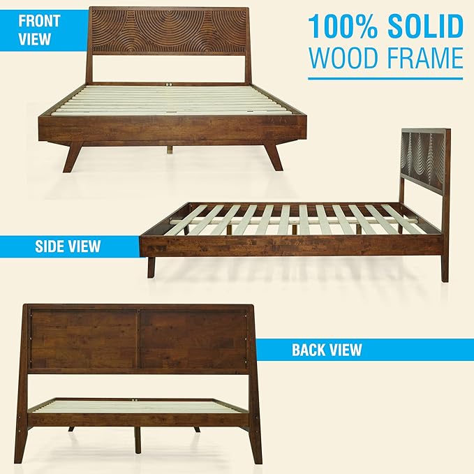Acacia Harmony King Platform Bed Frame – Solid Rubber Wood, Walnut Finish, Mid-Century Modern Design, Natural Circular Wood Grain, 800lbs Support, No Box Spring Required, Easy Assembly