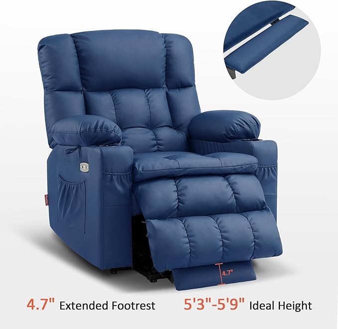 MCombo Dual Motor Power Lift Recliner Chair for Elderly, Lay Flat Lift Chair with Heat and Massage, Cup Holders, USB Ports, Faux Leather 7890 (Blue, Medium)