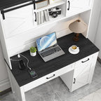 Vabches Farmhouse 47" Executive Desk, Computer Desk with 2 Drawers, Storage Cabinet and LED Light,Charging Hub, Home Office Desk with Hutch, Workstation for Home Office and Study, (Black