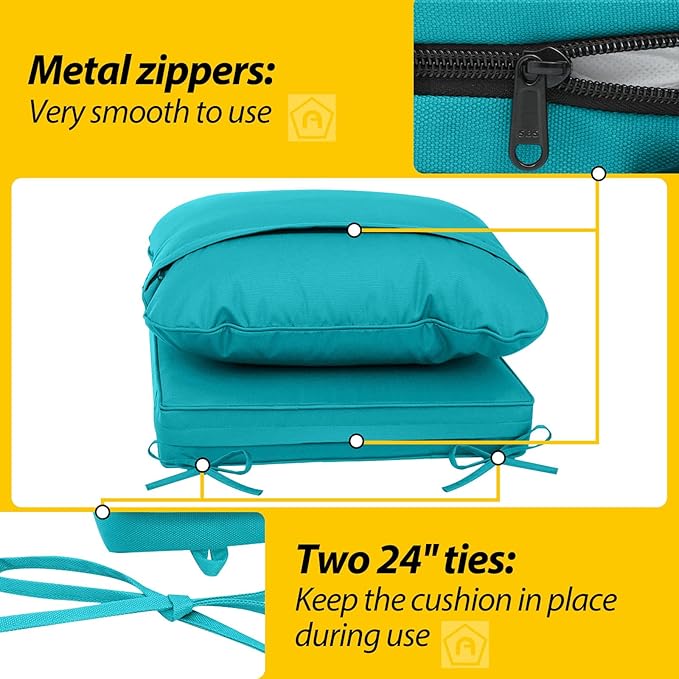 AAAAAcessories Outdoor Deep Seat Cushions, Waterproof, Fade-Resistant Patio Furniture Replacement Cushions, 25.5" x 25.5" x 5" + 25.5" x 19", Set of 4, Turquoise Blue