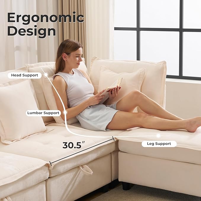 103" Modular Sectional Sofa, L-Shaped Corduroy Comfy Sectional Couches for Living Room, 3-Seater Cloud Couches with 1 Ottoman, Modern Deep Seat Sofa with Large Storage, Beige