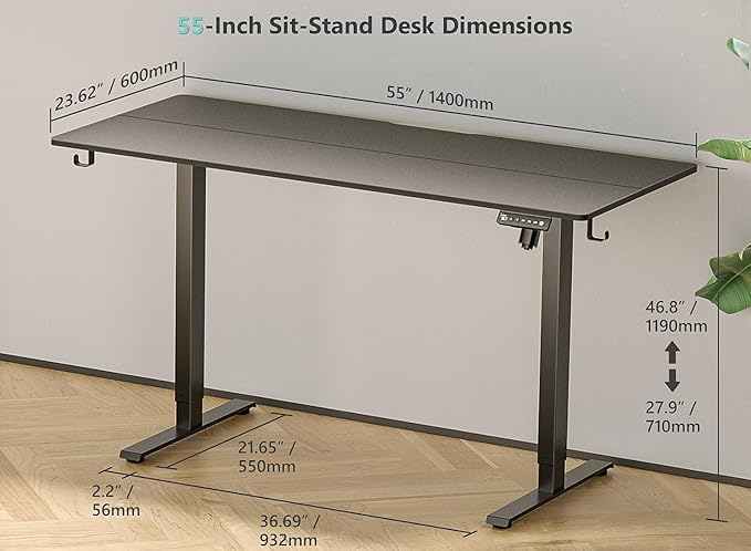55 x 24 inch Electric Standing Desk Adjustable Height with 4 Wheels, 4 Memory Height Settings, 2 Headphone Hook, Home Office Desk, Splice Board Black