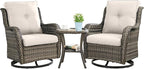 HUMMUH 3-Piece Swivel Rocking Rattan Chair Outdoor, Patio Bistro Furniture Conversation Set, Cushioned Wicker Chair with Glass Side Table(Grey, Beige)