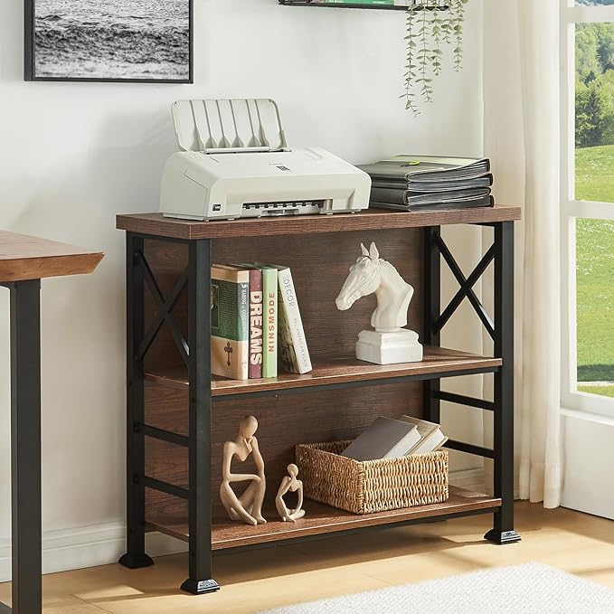 HOMBAZAAR Book Shelf,3 Tier Small Bookshelf with Metal Frame and Backboard,Rustic Brown Deep Bookcase with Engineered Wood Shelves,Short Shelf Bookcase for Living Room,Bedroom and Office