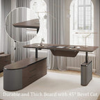 86.6" Reversible L-Shaped Adjustable Height Executive Desk with Oval Storage Cabinet - Black/Brown Standing Desk, Rounded Corners, 3 Drawers & 2 Door Compartments, Flexible Home & Office Workstation