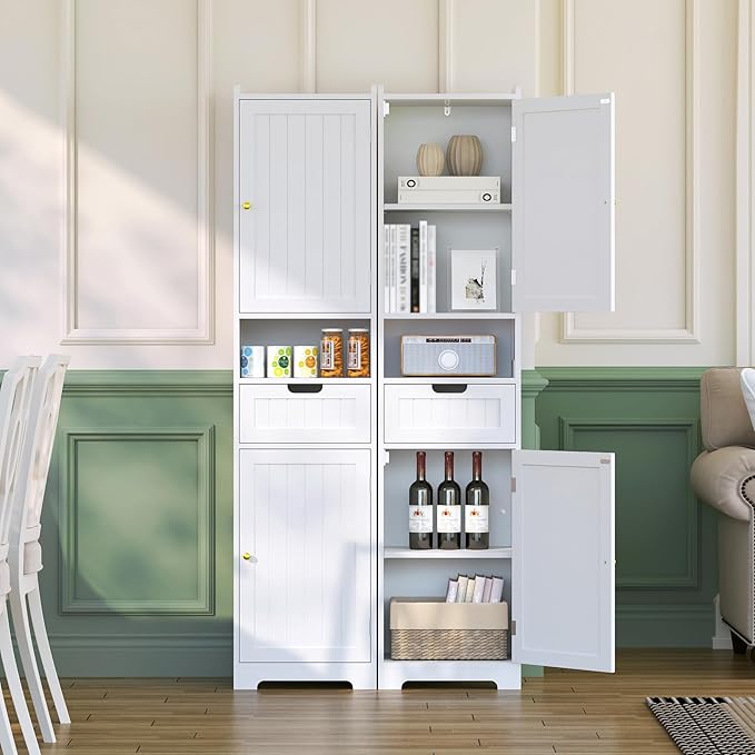 Tall Bathroom Storage Cabinet, 67" Narrow Storage Cabinet with Adjustable Shelves 2 Doors and 1 Drawers Modern Cabinet for Bathroom, Entryway, Living Room, Kitchen (White)