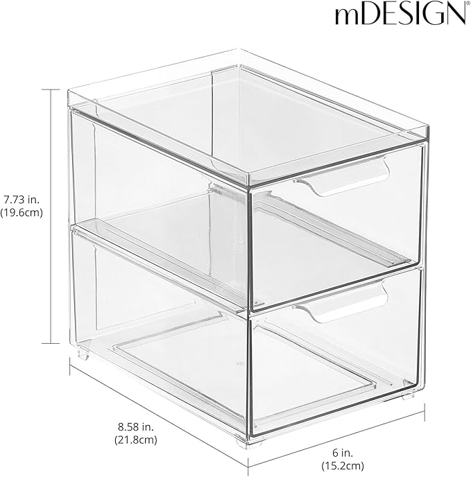 mDesign Stackable Storage Containers Box with 2 Pull-Out Drawers - Stacking Plastic Drawer Bins for Kitchen Pantry and Cupboard, Cabinet, Counter, Island and Tables - Lumiere Collection, 4 Pack, Clear