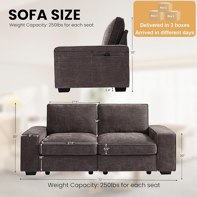 TEKAMON 73" Modular Sofa Couch with Seat Storage, Comfy 2-Seater Chenille Fabric Loveseat Sofa for Living Room, Office, RV, Apartment W/Deep Seat, Wide Arms, USB, Side Pockets, Washable Cover(DkGrey)