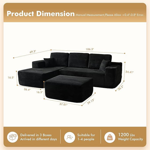106" Cloud Sectional Couch with L-Shape Chaise & Ottoman, No Assembly Modular Sofa, Deep Seat Plush Corduroy Boneless Couched for Living Room (Black Plush Corduroy, Left Facing Chaise with Ottoman)