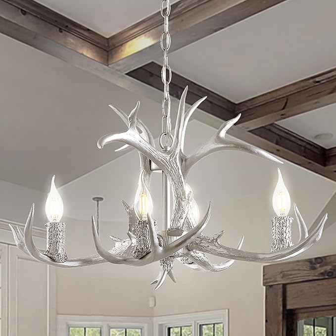 JONATHAN Y JYL6301C Eldora 26" Adjustable Resin Antler 4-Light LED Chandelier, Glam, Rustic,Cottage,Transitional, Dimmable Dining Room, Living Room, Kitchen, Foyer, Bedroom, Silver