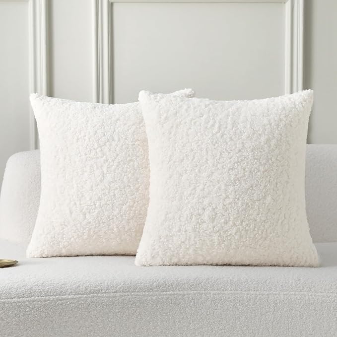FUTEI Cream White Throw Pillow Covers 24x24 Inch Set of 2,Furry Faux Fur Teddy Boucle Textured Cushion Covers,Soft Fluffy European Pillow Shams,Home Decor for Couch Bed Living Room Office Car