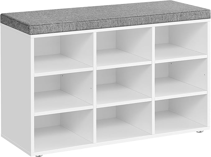 VASAGLE CUSTOS Collection - Shoe Bench, Storage Bench with Padded Seat, Entryway Bench with 9 Compartments, for Bedroom, 11.9 x 30.9 x 18.9 Inches, Cloud White and Dove Gray ULHS009W14