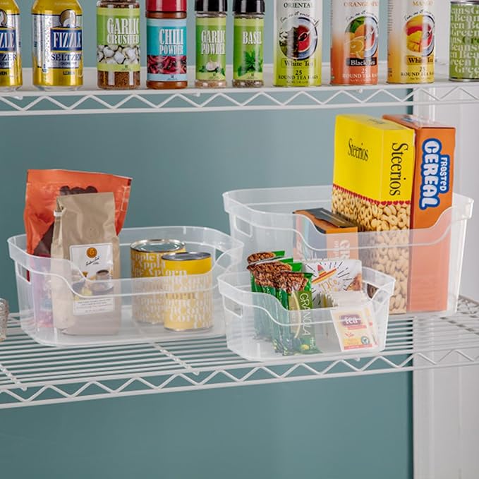 Sterilite 9.5 x 6.5 x 4 Inch Small Open Scoop Front Clear Storage Bin with Comfortable Carry Through Handles for Household Organization (32 Pack)