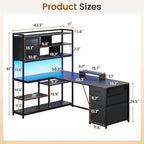SEDETA L Shaped Computer Desk, 58'' Office Desk with 3 Drawers and Bookshelf, L Shaped Corner Desk with Storage Shelves and LED Light for Home Office, Gaming Desk, L Desk, Black