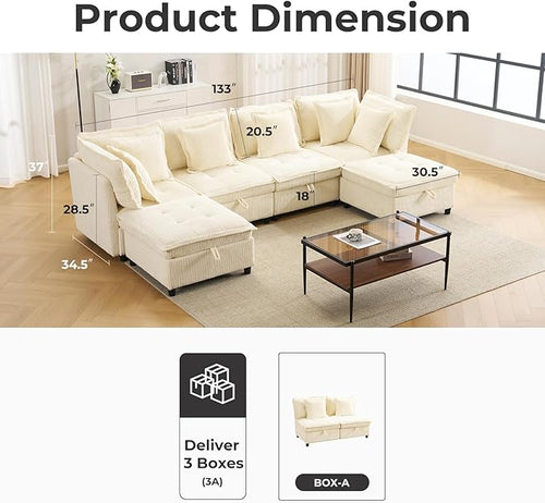 133" Modular Sectional Sofa, L-Shaped Corduroy Comfy Sectional Couches for Living Room, 3-Seater Cloud Couches with 1 Ottoman, Modern Deep Seat Sofa with Large Storage, Corduroy Beige