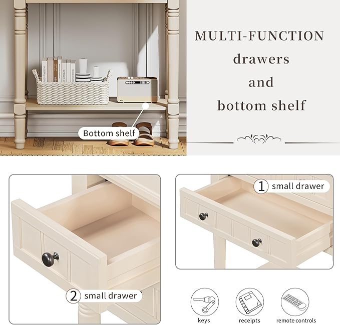 Knocbel Slim Antique Entry Console Table with 3 Drawers & Bottom Open Shelf, Solid Wood Narrow Sofa Couch Table for Entryway Hallway Living Room 23.7" W x 13" D x 31.4" H Beige