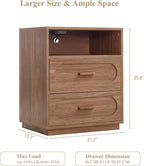 Walnut Night Stand with Charging Station, 21.7" Wide Wood End Table with 2 Storage Drawers, Open Shelf & Unique Base, Mid Century Modern Bedside Table for Bedroom, Living Room, Walnut