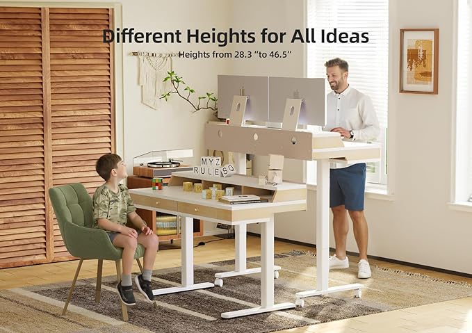 Claiks Standing Desk with Drawers, Electric Adjustable Standing Desk Adjustable Height, Sit Stand Up Desks with Storage Shelves & Wheels, 48 Inch White