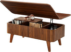 3 in 1 Lift Top Coffee Table, Fluted Convertible Coffee Tables Converts to Dining Tables, Modern Oval Wooden Center Table with Storage for Living Room Office Small Space, Partial Assembly (Walnut)
