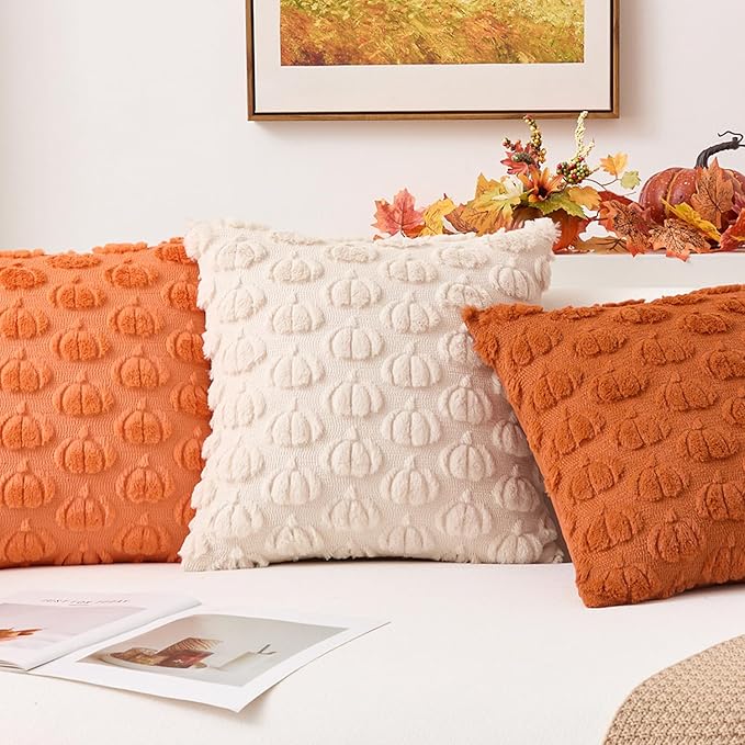 Kevin Textile Fall Pumpkins Pillow Covers 18x18 Inch Set of 2 Cute Autumn Decorative Square Pillowcases Soft Faux Fur Cushions Harvest Gift for Couch Sofa Chair Bedroom Home Decor, Orange