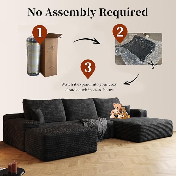 107.5" Cloud Modular Sectional with Ottoman, U-Shaped Sofa for Living Room, Modern Minimalist Couches, Deep Seat Comfy Couch & Reversible Chaise, No Assembly Required (Black, Right Facing Chaise)