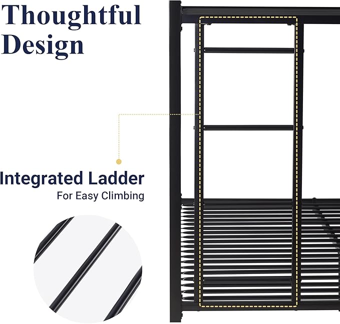 Allewie Metal Bunk Bed Twin Over Full Size for Junior & Adults with Ladder and Heavy Duty Guardrail, Small Space Saving Design for Bedroom Kid Room and Dorm, Black