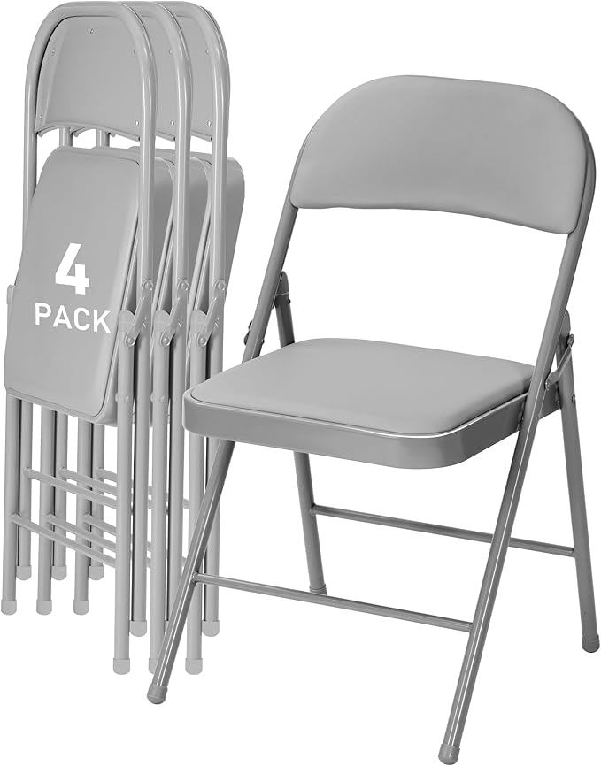 SEALAMB 4 Pack Grey Folding Chairs with Padded Seats & Cushion, Durable Metal Foldable Chairs for Wedding Party, Commercial Chairs for Office School Church Events, 330lb Capacity (Grey-PU, 4 Pack)