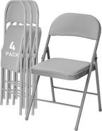 SEALAMB 4 Pack Grey Folding Chairs with Padded Seats & Cushion, Durable Metal Foldable Chairs for Wedding Party, Commercial Chairs for Office School Church Events, 330lb Capacity (Grey-PU, 4 Pack)