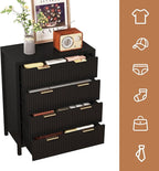 Fluted 4 Drawer Tall Dresser for Bedroom, Mid Century Modern Nightstand with Drawers, Tall Bedside Table for Closet Cloth, Living Room End Table with Storage for Dorm -Black