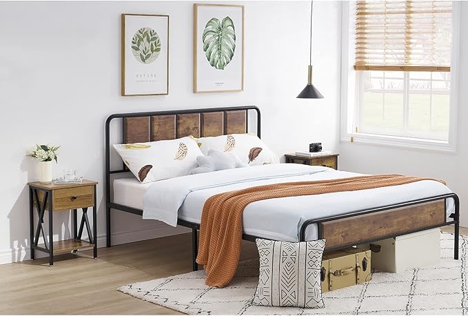 VECELO End Tables, Modern Nightstand with Drawer & Shelf, Night Stand for Bedroom Living Room,Industrial Metal Frame