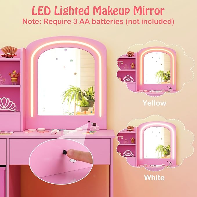 HONEY JOY Kids Vanity, Little Girls Vanity Set with Mirror and Stool and Lights, Wooden Princess Makeup Dressing Table, Storage Box & Shelf, Pretend Play Kids Vanity Table and Chair Set(Pink)