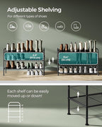 SONGMICS Shoe Rack, 3-Tier Shoe Organizer, Metal Shoe Shelf Storage with 4 Side Hooks, Holds 15 Pairs of Shoes, Height-Adjustable Shoe Rack for Entryway, Hallway, Closet, Easy Assembly, Ink Black