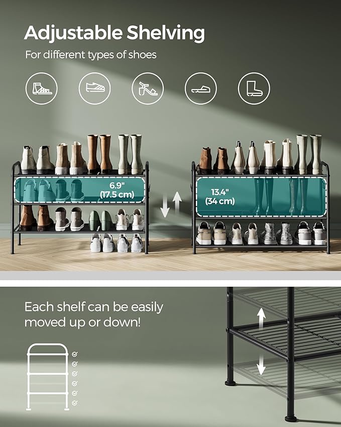 SONGMICS Shoe Rack, 3-Tier Shoe Organizer, Metal Shoe Shelf Storage with 4 Side Hooks, Holds 15 Pairs of Shoes, Height-Adjustable Shoe Rack for Entryway, Hallway, Closet, Easy Assembly, Ink Black