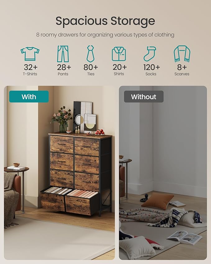 SONGMICS Dresser for Bedroom, Chest of Drawers, Steel, MDF, 8 Non-Woven Fabric Drawers, Storage Organizer Unit, Closet, Entryway, Rustic Brown and Ink Black LGS124B02S