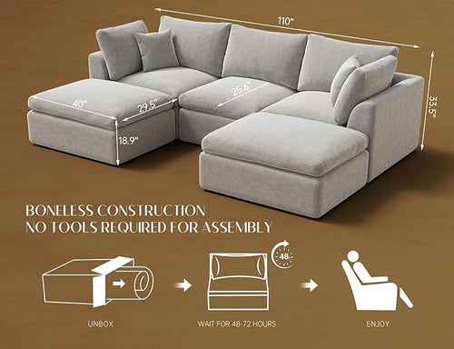 110" Cloud Sectional Couches for Living Room, Boneless U Shaped Couch with Ottoman, 3 Seater Modular Sectional Sofa, Light Grey