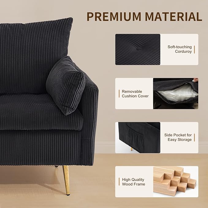 Furnimart 3-Piece Storage Sofa and Couch Set, Corduroy Loveseat with 2pc Accent Single Chairs, Small Living Room Furniture Set for Apartment, Tiny Homes and Lofts, 3PC-Black