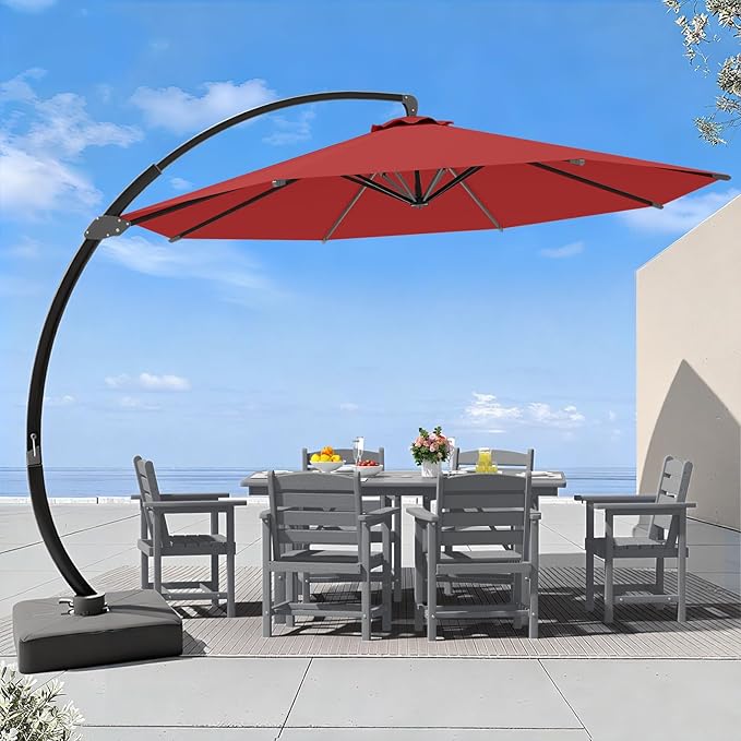 7 Piece Patio Dining Set with 11ft Patio Umbrella (Red), 7 Gray Outdoor HDPE Dining Set with 6 Chairs + 1 Large Table with 2" Umbrella Hole, for Market, Pool, Garden, Backyard, Deck